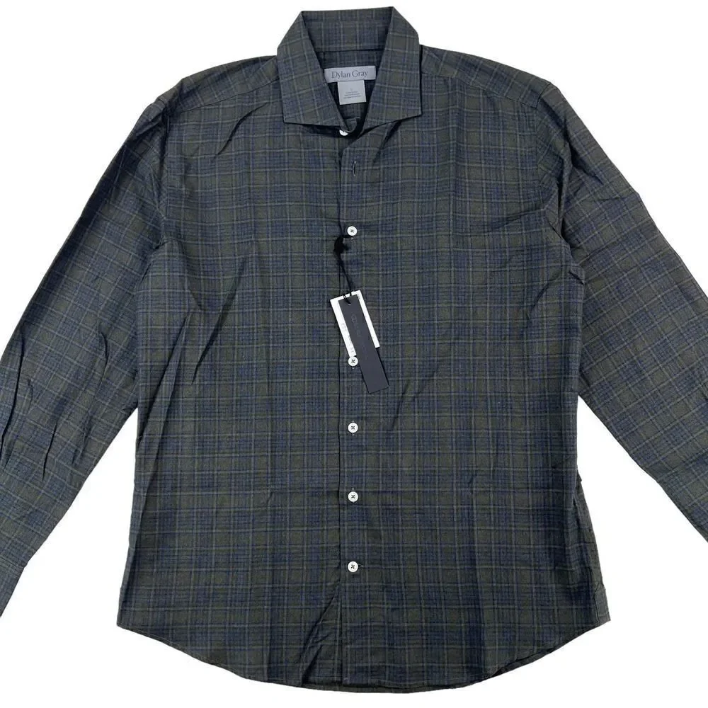New Dylan Gray Men US L Dress Shirt Button Down Long Sleeve Gray Olive Plaid - Picture 2 of 12